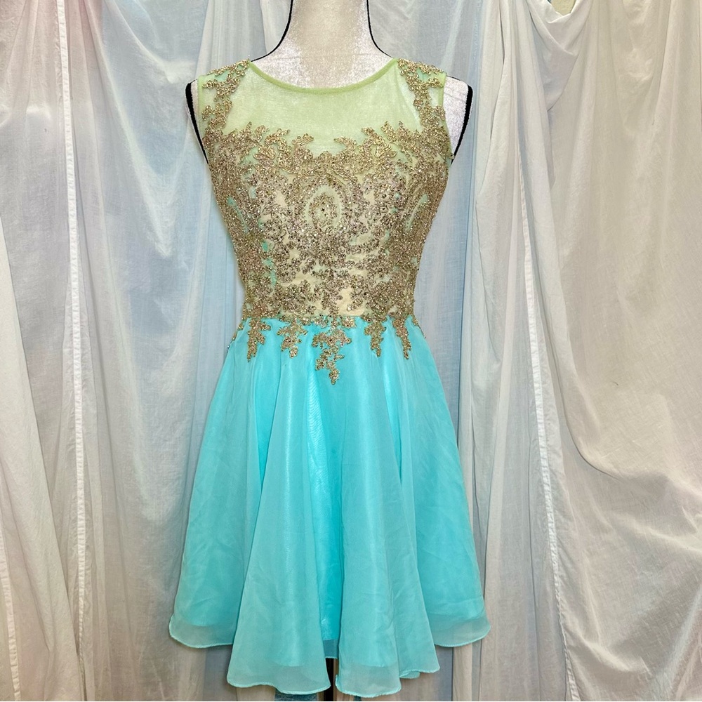 #D4 GLS Gold Embroidered Rhinestone Chiffon Mini Cocktail Dress Sz S